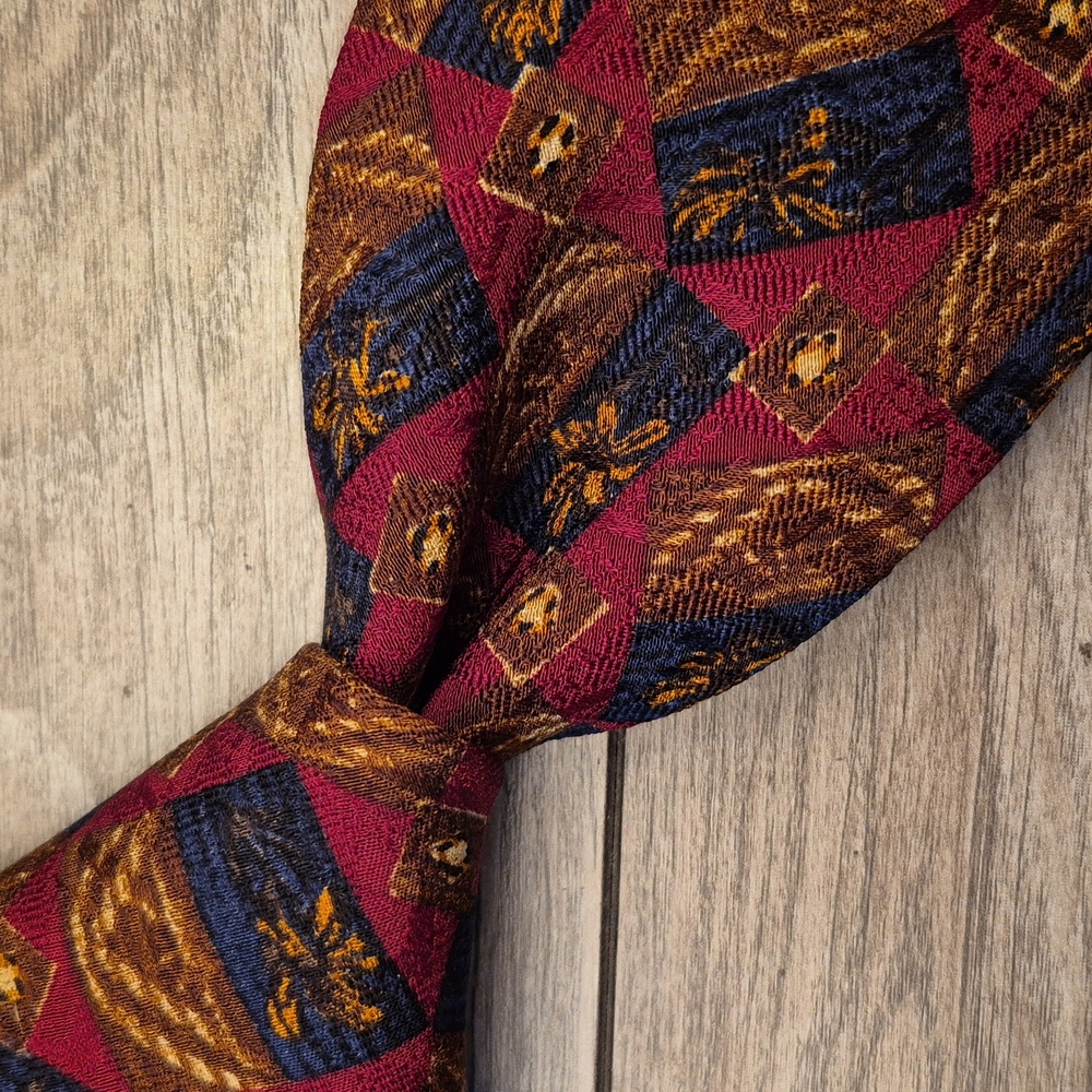 ERMENEGILDO ZEGNA Italy Dark Red Navy Brown‎ Abstract Pattern Mens Silk Tie VTG